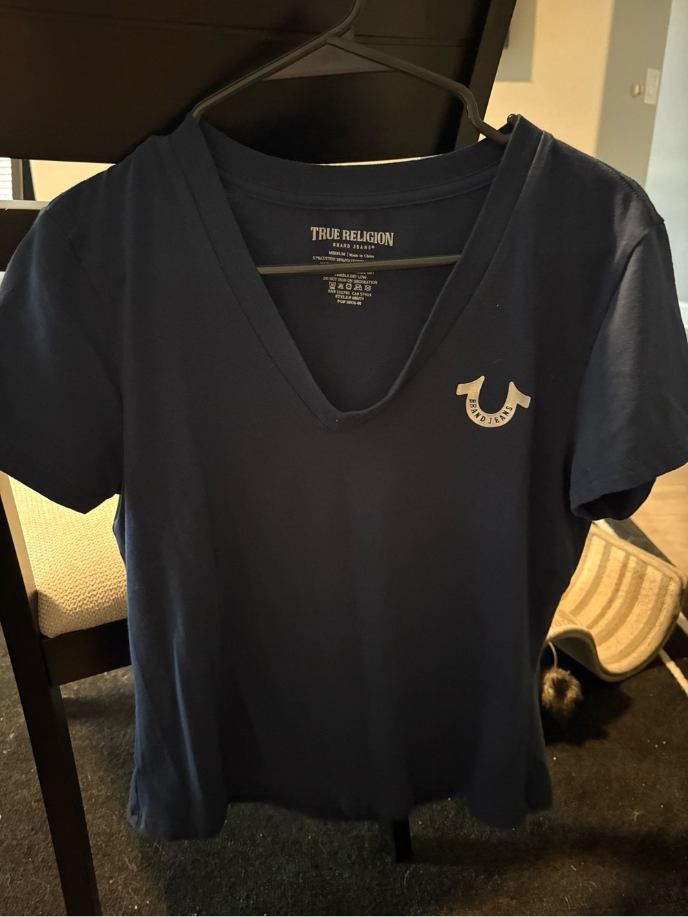 True Religion Navy Short Sleeve V-Neck Logo Tee